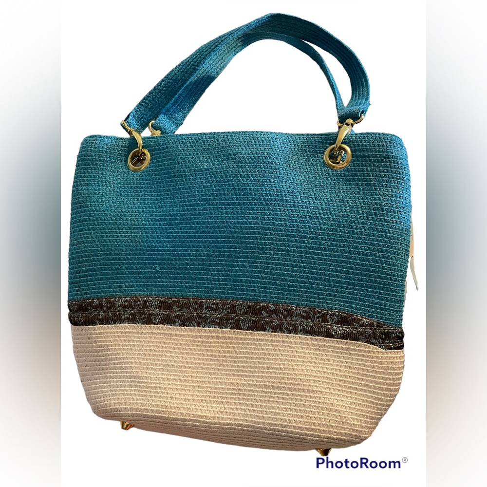 OKPTA Tan & Blue Paper Straw Tote Bag Handbag